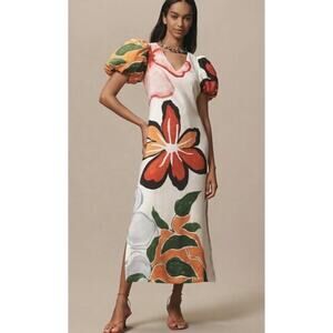 Anthropologie Puff Sleeve V Neck A-Line Maxi Dress Floral Ivory Resort  Small